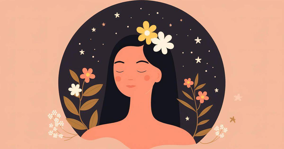 An illustration of a woman with her eyes closed, looking peaceful and serene while wearing flowers in her hair.