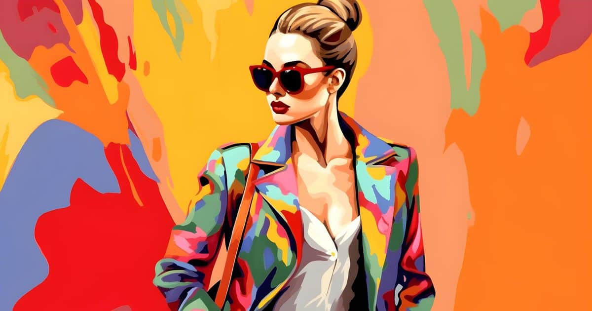 A painting featuring a woman exuding style and confidence, wearing sunglasses and a colorful jacket with a colorful background that creates an eye-catching contrast with her outfit.