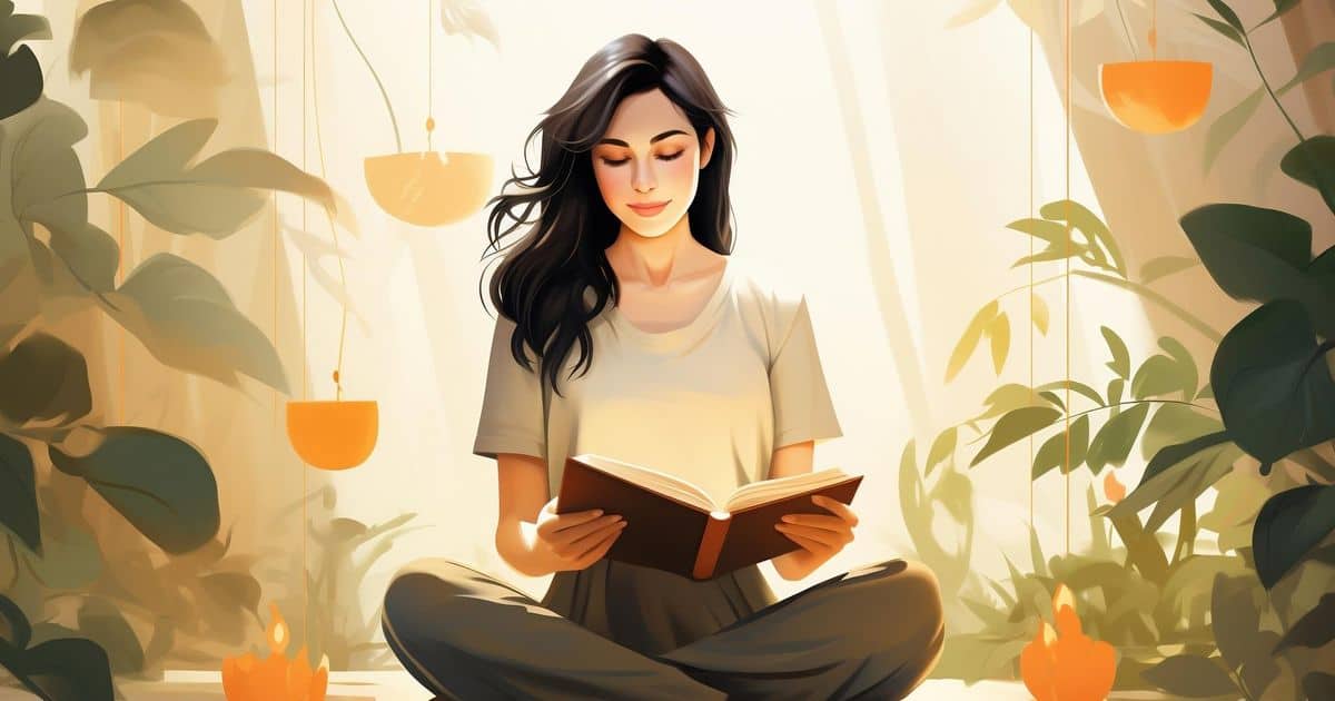 An illustration shows a young woman sitting cross-legged on a floor, her hands holding an open book, and being surrounded by lush plants.