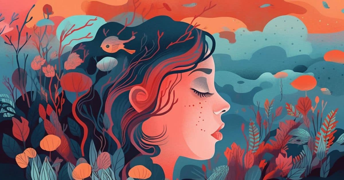 An abstract image of a woman with her eyes closed surrounded by a mesmerizing underwater scene and various small fish in different colors.