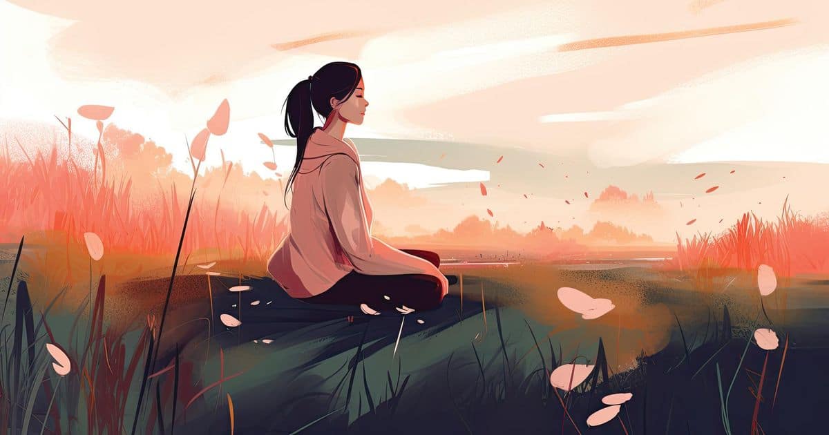 A young woman is sitting in a field near a lake, completely absorbed in the beauty of the sunset as the sky is painted with shades of pink and orange.