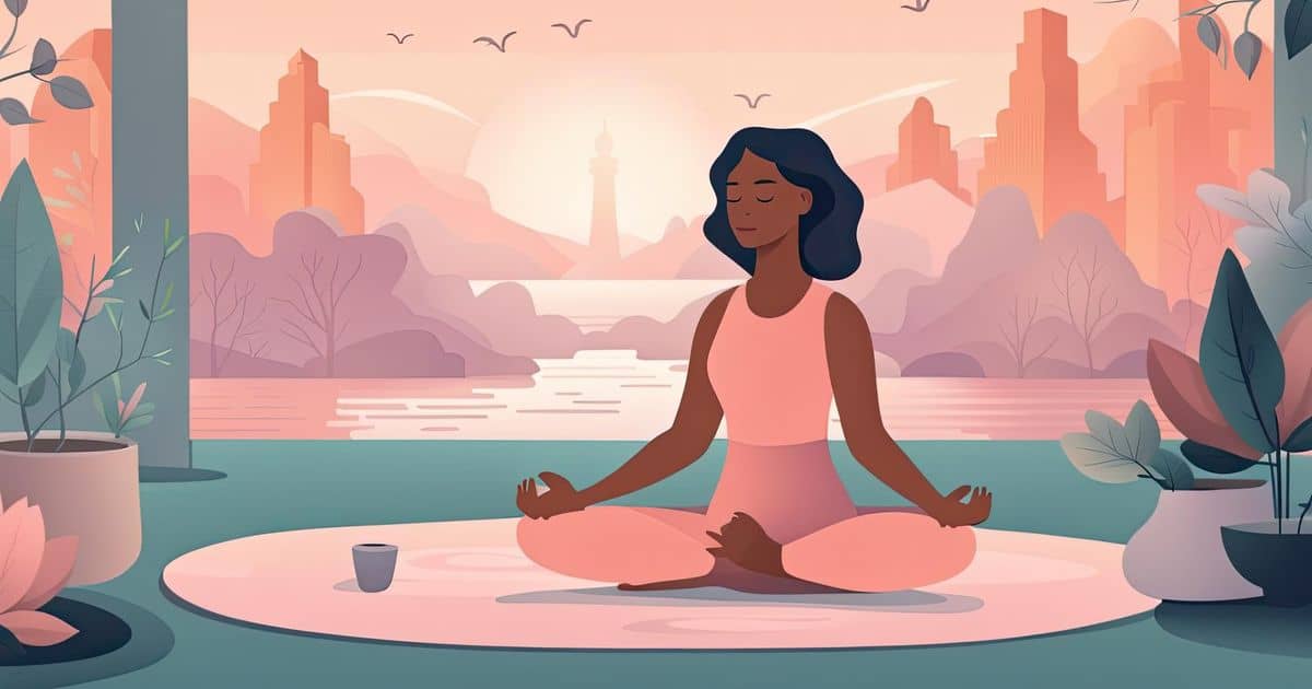 A cartoon image of a woman in a lotus position, fully immersed in her meditation, surrounded by a peaceful and calming nature scene.