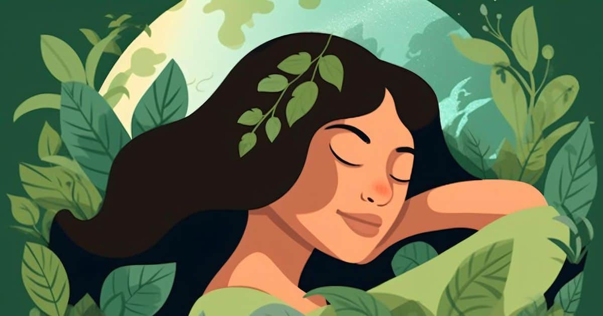 A cartoon image of a woman with her eyes closed, wearing green leaves in her hair as she's being surrounded by lush green plants.