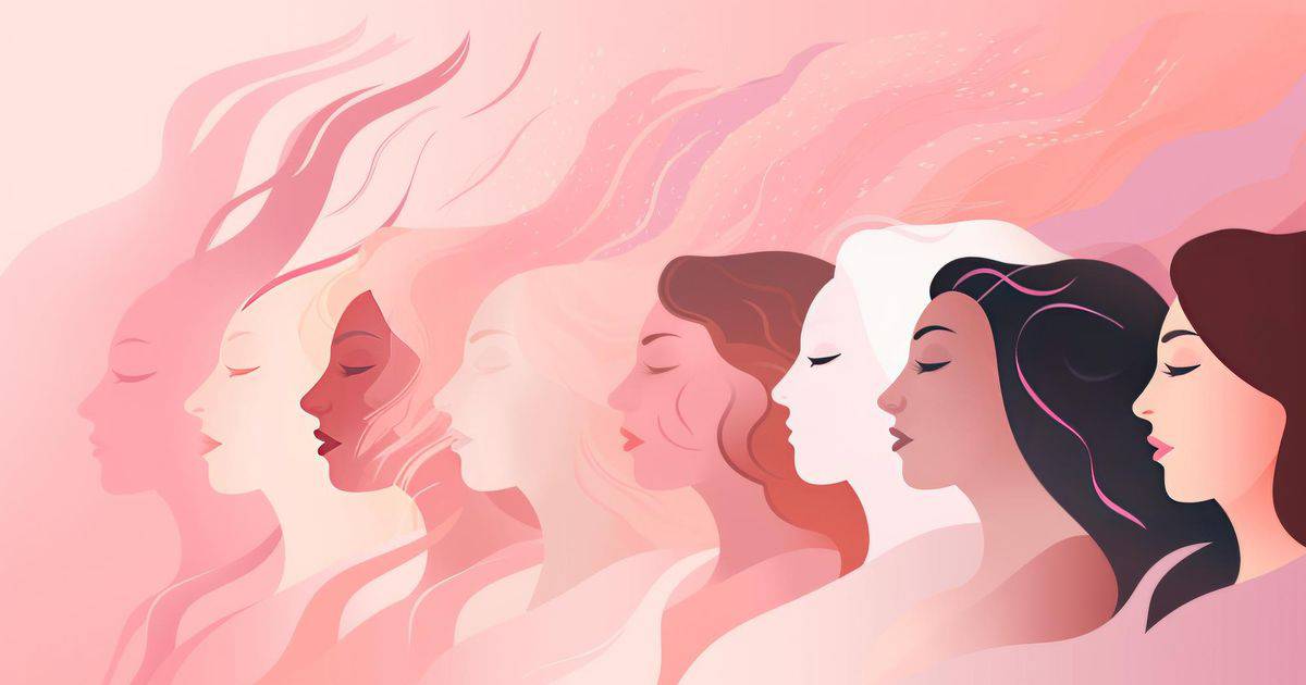 An illustration shows a group of women in various shades of pink, standing in perfect synchrony, all facing in one direction with their eyes closed.