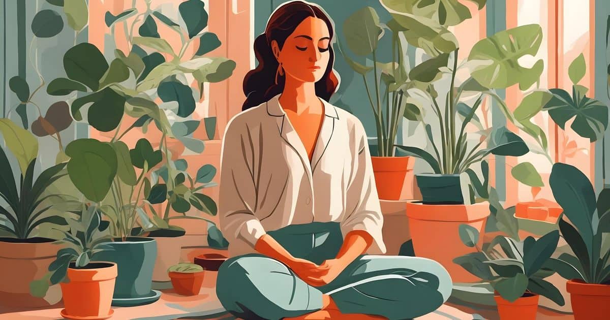 A painting of a young woman sitting on the floor, deeply immersed in meditation, in a room filled with potted plants.