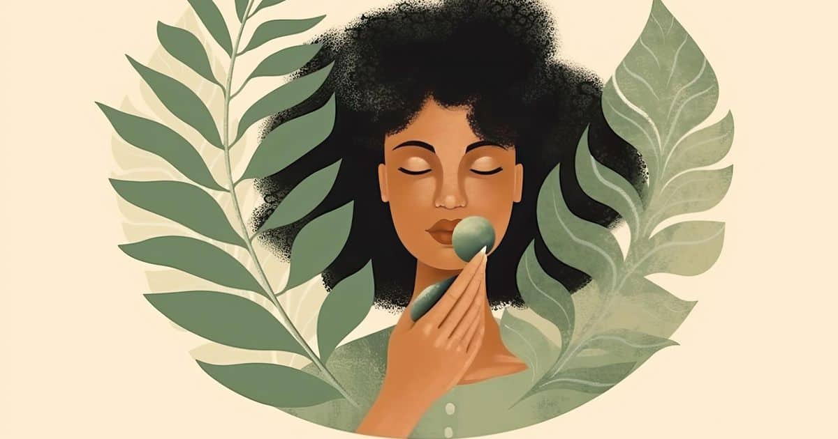 An illustration features a woman with her eyes closed, seemingly lost in thought as she holds a green round object and surrounded by lush leaves.