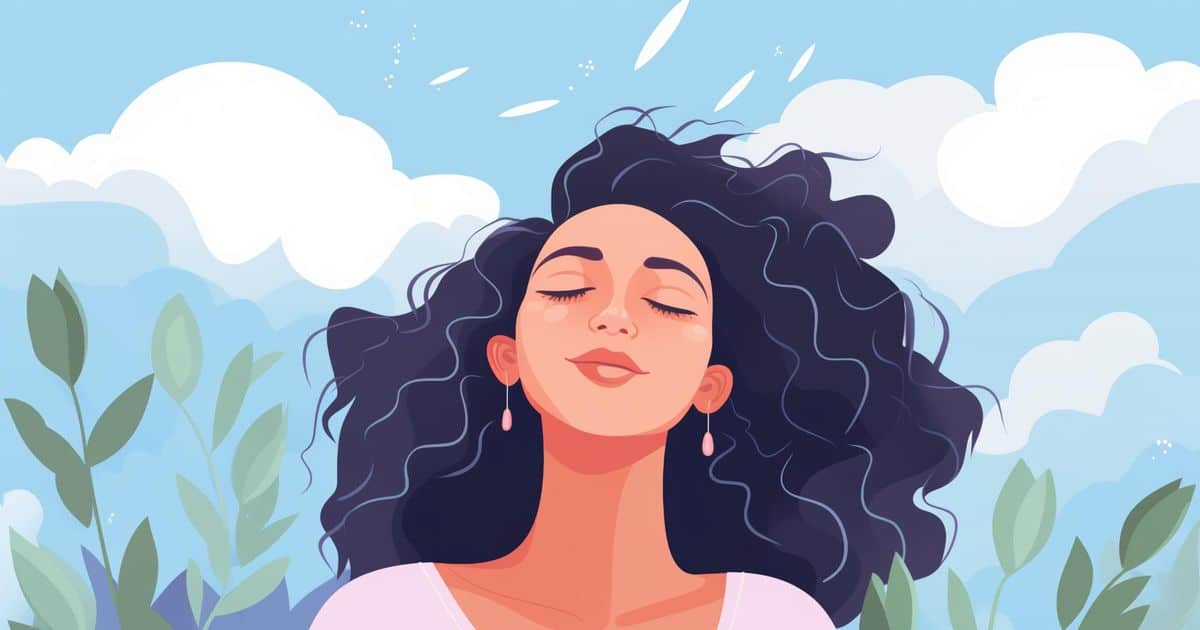 A cartoon illustration of a curly haired woman with her eyes closed, enjoying the gentle breeze of nature.