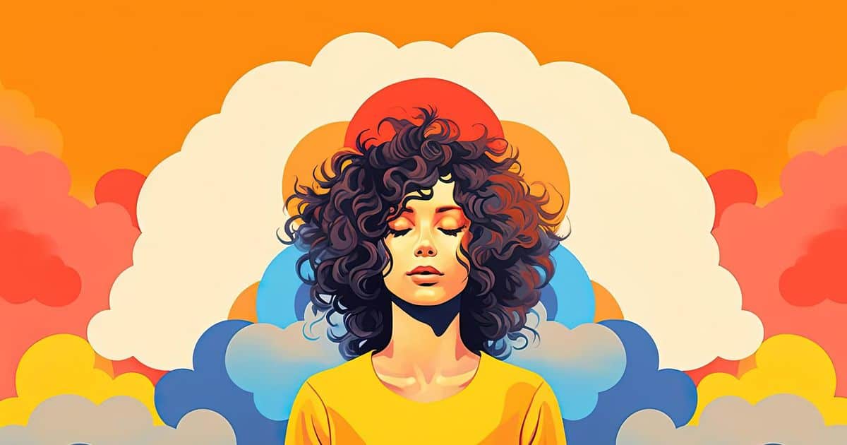 A young woman with curly hair, wearing a yellow shirt, standing in front of a backdrop of various colored clouds.