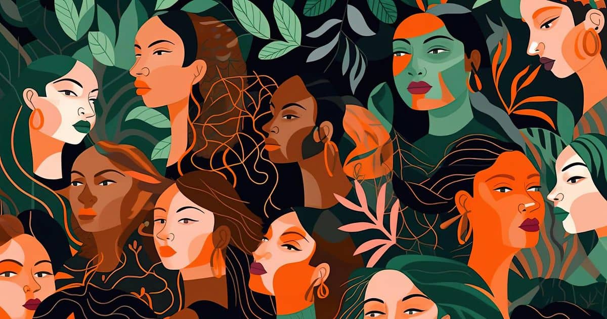 A captivating piece that showcases a group of women with various facial features and expressions with a deep black background color complemented by the presence of leaves.