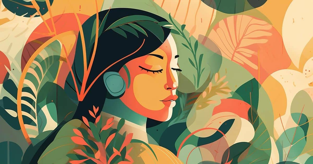 A woman with her eyes closed, wearing headphones and surrounded by lush tropical foliage.