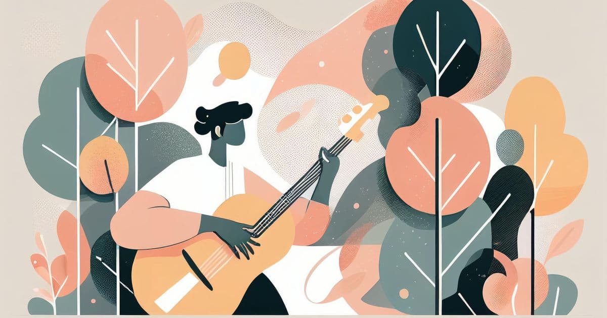 An illustration of a musician playing a guitar, surrounded by trees.