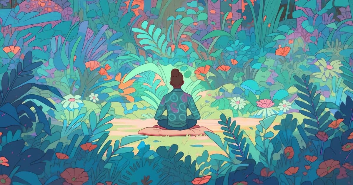 A woman sitting in the middle of forest and meditating in focus completely surrounded by trees and plants.