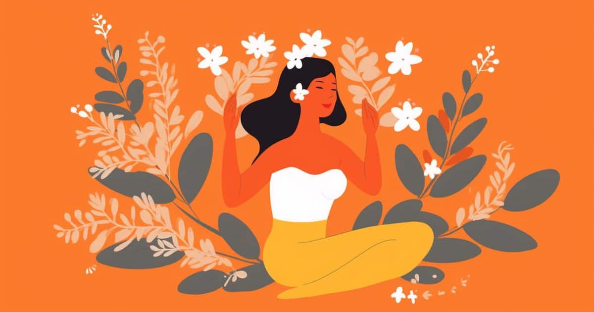 A woman sitting on the floor surrounded by lush plants and white flowers above her head in a vibrant orange background.