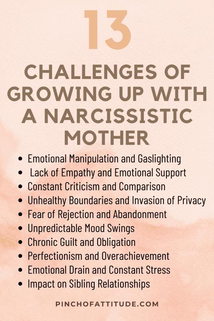 Pinterest - Pin with title "13 Challenges of Growing Up With a Narcissistic Mother" with an abstract peach-colored background.
