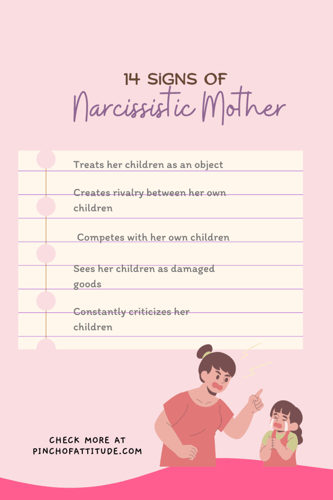 Pinterest - Pin with title "14 Signs of Narcissistic Mother" showing a list of behaviors associated with a narcissistic mother and an illustration of an angry woman scolding a crying child.