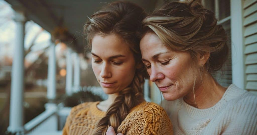 a mother hugging her daughter from behind standing in front of her house. Both woman are smiling as they both resolved their family differences.