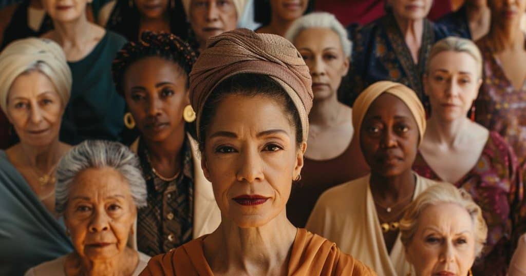 a photo showing different middle aged woman from different backgrounds with a serious faces symbolizing different narcissistic mothers.