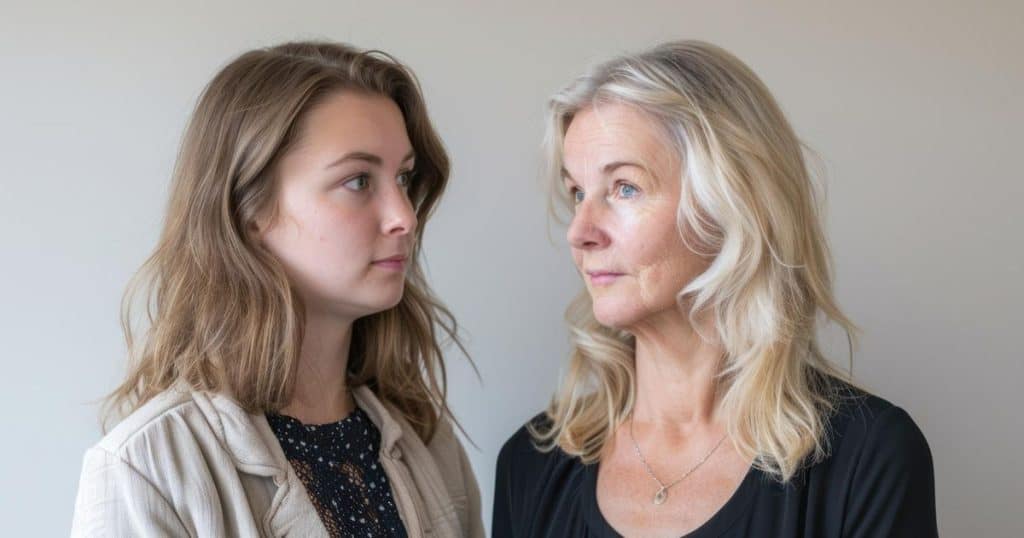 a mother and a daughter are looking unhappy as staring at each other as the mother refuses to let go her narcissistic behaviours towards her daughter.