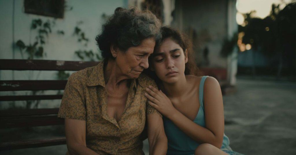 a sad looking grandaughter leaning against her grandmother on the front porche unhappy with her conversation with her toxic mother.