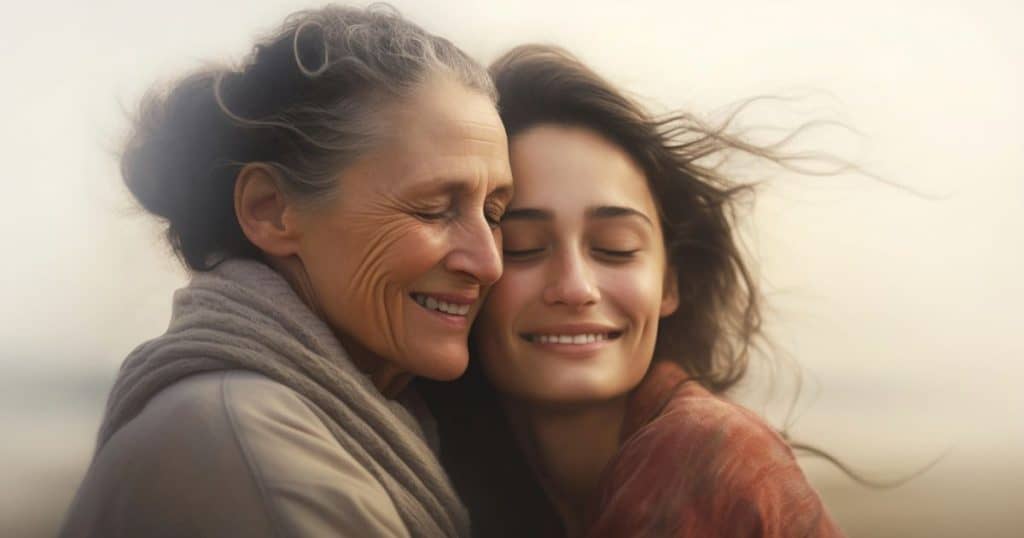 a mother hugging her daughter looking happy that they finally resolved their differences.