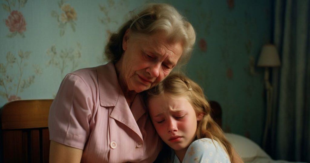 a grandaugther is hugging her grandmother crying in her bedroom as her narcissistic mother is not capable of understanding her emotions.