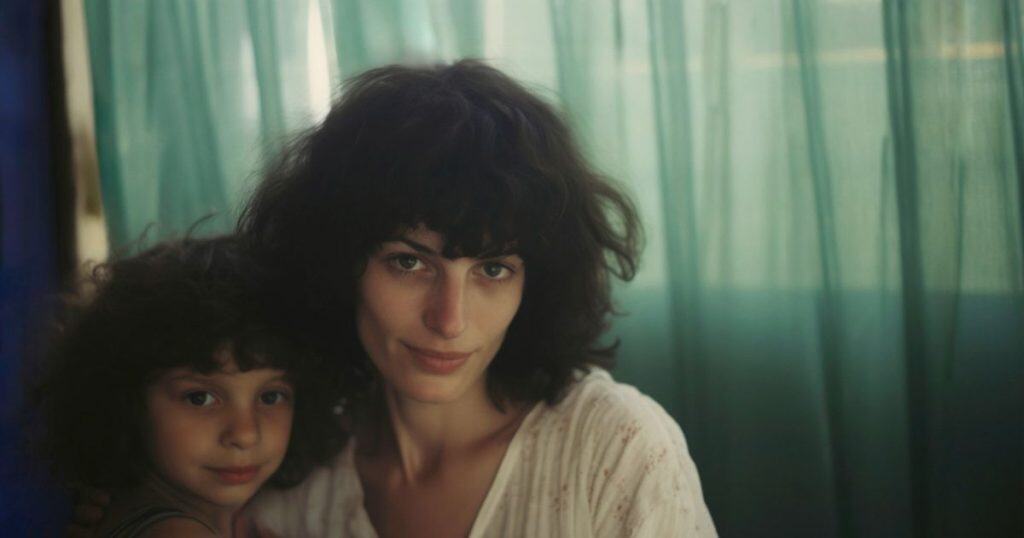 a picture of a mother smiling secretly hugging her young daughter in a sunny living room knowing she won't be there for her daughter's needs.