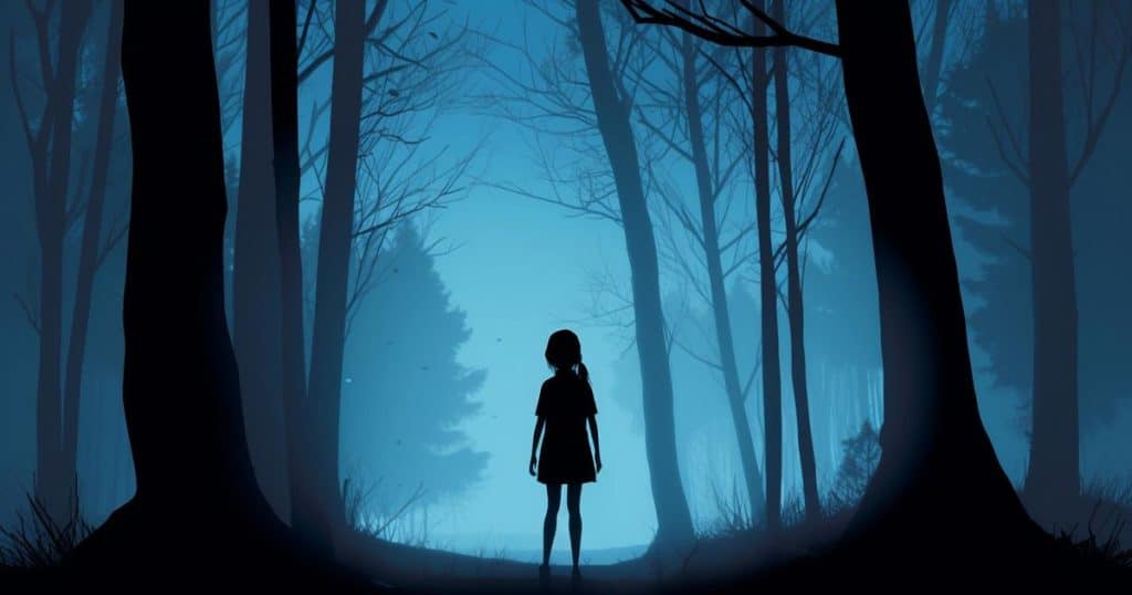 a sad girl walking through a forest along in the dark at night.