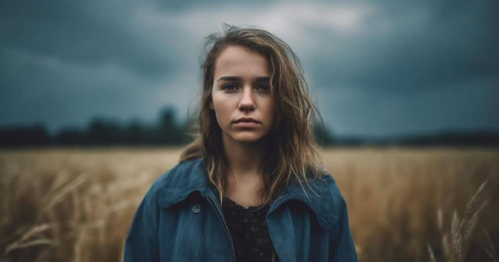 a woman standing in the middle of crop field looking determine over her family's toxic rules as the scapegoat of the family.