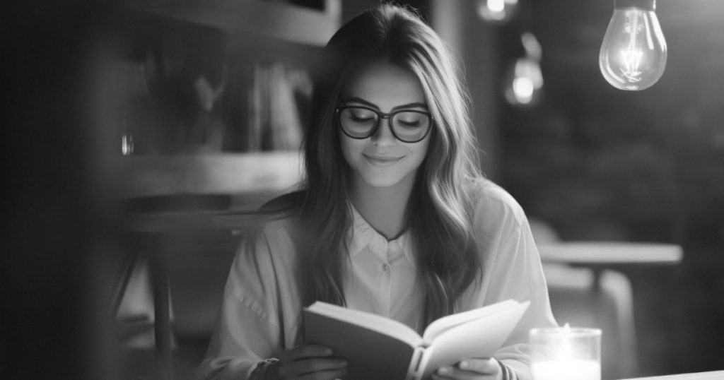 a black and white picture of a woman smiling while sitting in a library educating herself how to handle her toxic family situation as a family scapegoat.
