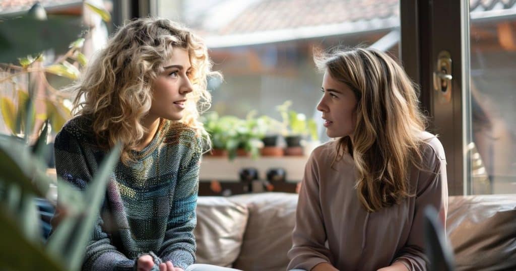a friend is confiding in her friend in a cozy cafe during a nice sunny day about her struggles with her toxic parents as the scapegoat of the family.