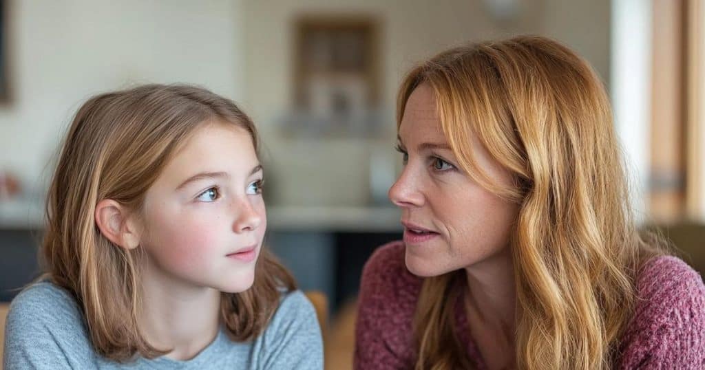 a mother is talking to her young daughter with a serious face in their living room. The daughter looks a little bit fluster as she doesn't know want to expect from her moody mother.