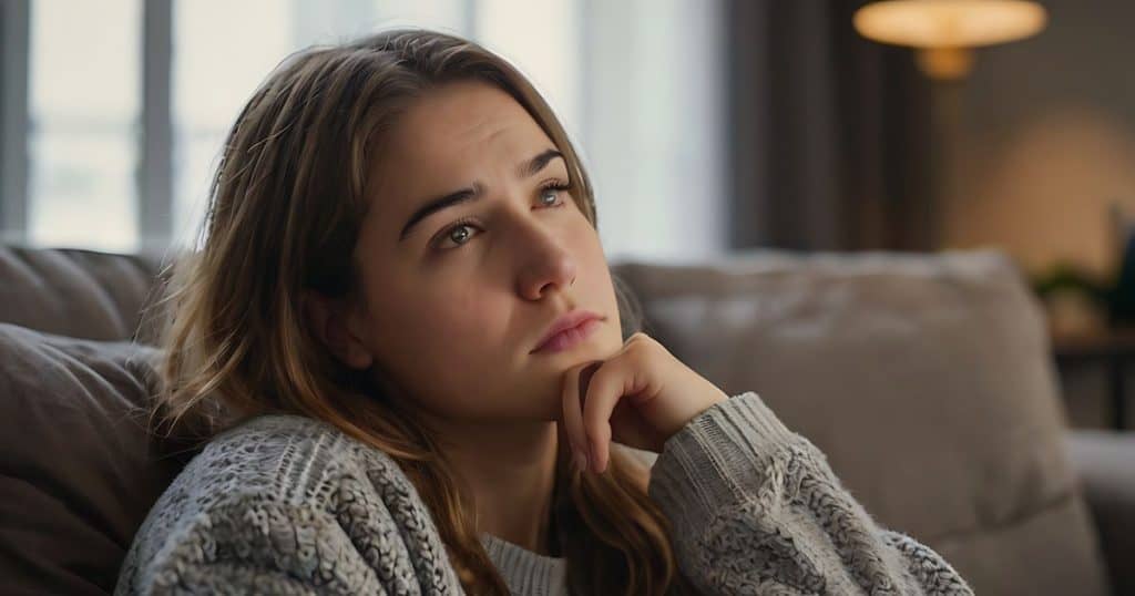 a woman sitting on a couche in deep thought as she's trying to read her family chaos and her role as the scapegoat of the family.