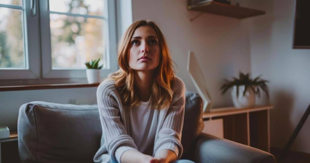 a woman sitting on her grey couche in her living room looking anxious as she's wating to talk to her toxic parents about a resolution to family toxic dynamic.