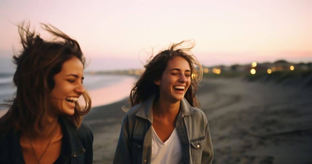 two friends laughing and walking at the beach during sunset with a soft wing blowing feeling happy with their new lives after dealing with toxic family dynamic.