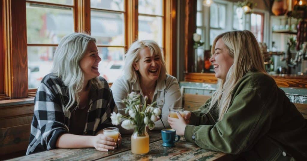 three sisters laughing and enjoy each other companies in a well-decoated restaurant feeling free as they are no longer have to deal with their toxic parents.