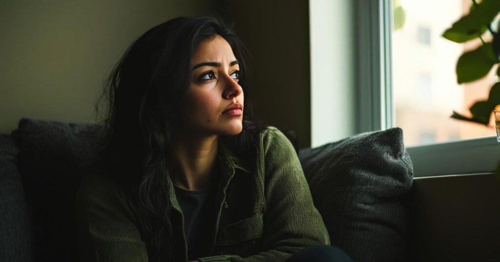 a woman sitting on a couche staring outside the window feeling lonely as she understoods now that she's the family scapegoat.