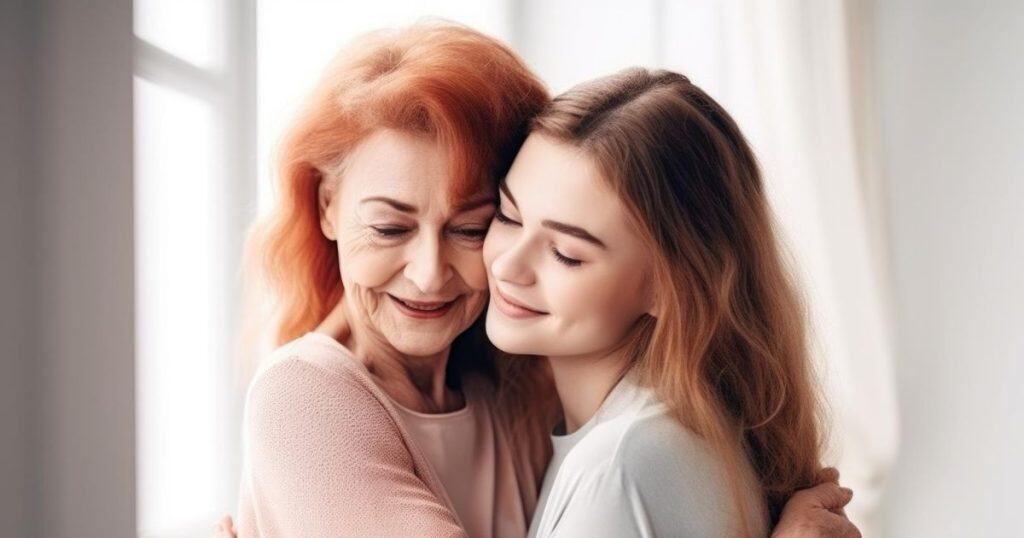 an older mother and her daughter hugging lovingly in the living room showing her favorit golden child in the family.
