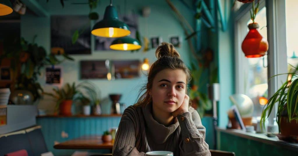 a woman is sitting in a cozy cafe, drinking her tea in peace as she reflects on her experience dealing with her family as the scapegoat.