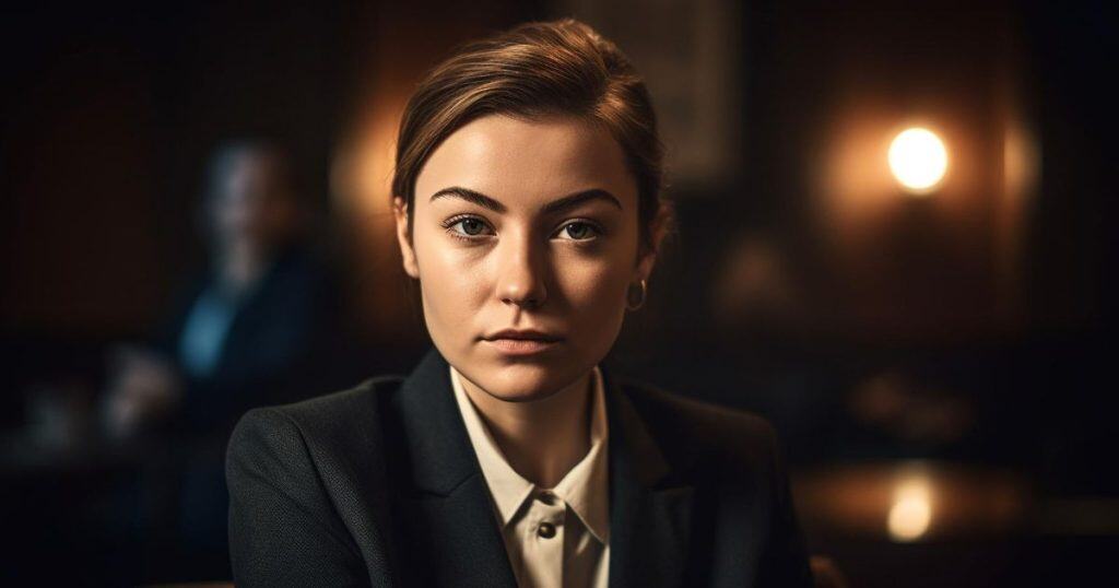a woman looking very confident and firm in a suit feeling fearless as she stares firmly at narcissists who are trying to shit blame at her again.