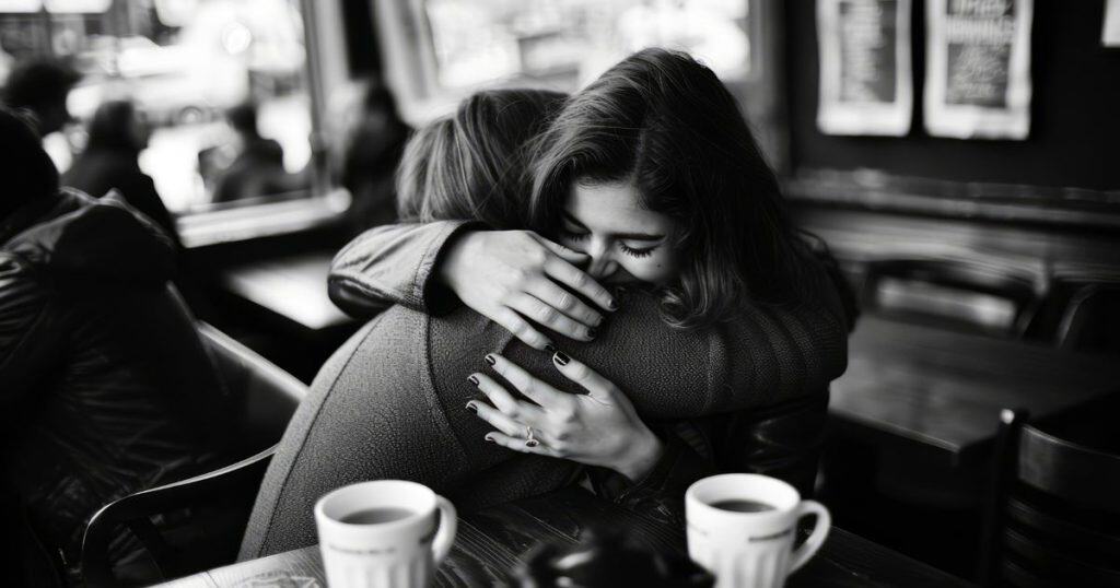 a black and white picture of a woman is happy hugging her friend in a cozy cafe thanking for being there for her during her challenging times with her narcissistic family.
