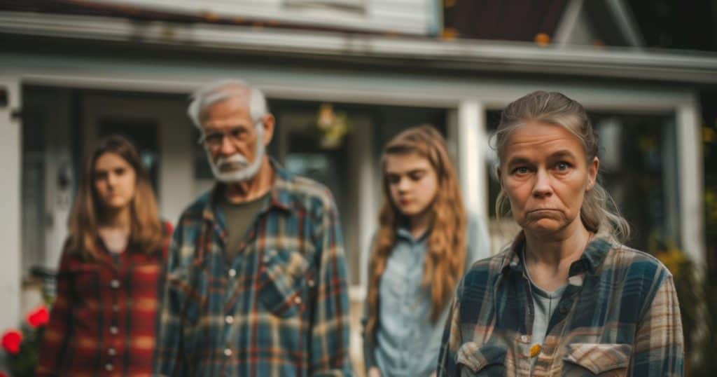 a picture of family members standing outside the house looking shock as the scapegoat of the family fought back and left them for good.