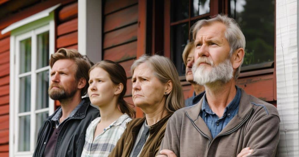 a picture of a family standing looking very upset in front of their house feeling very unhappy as the scapegoat of the family decided to fight back.
