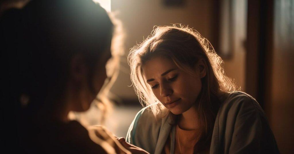 a woman is comforting her friend who seeks to understand the dynamics between narcissists and their supporters.