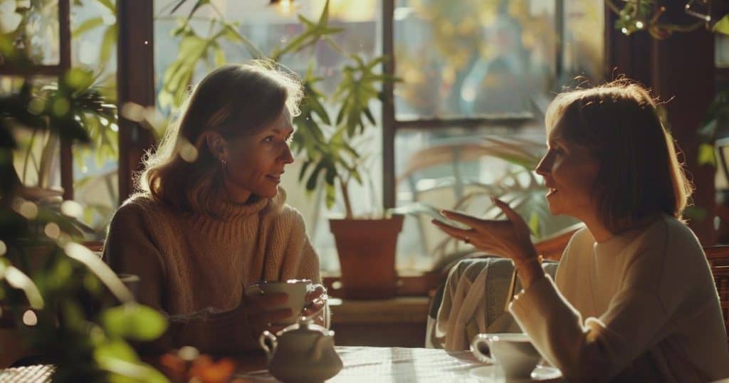 two middle age woman talking to each other at a cozy cafe trying to find a solution to deal with family members who side with narcissists.