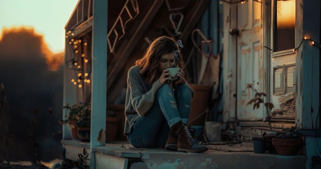 a woman sitting alone on house porche drinking tea alone as she is keeping her distance from her toxic family as much as she could.