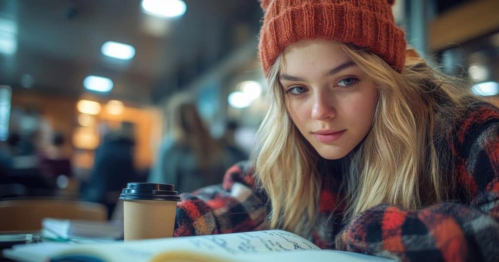 a woman sitting in the library studying with a cup of coffee feeling proud after achieving her goals despite her narcissistic mother negative energy.