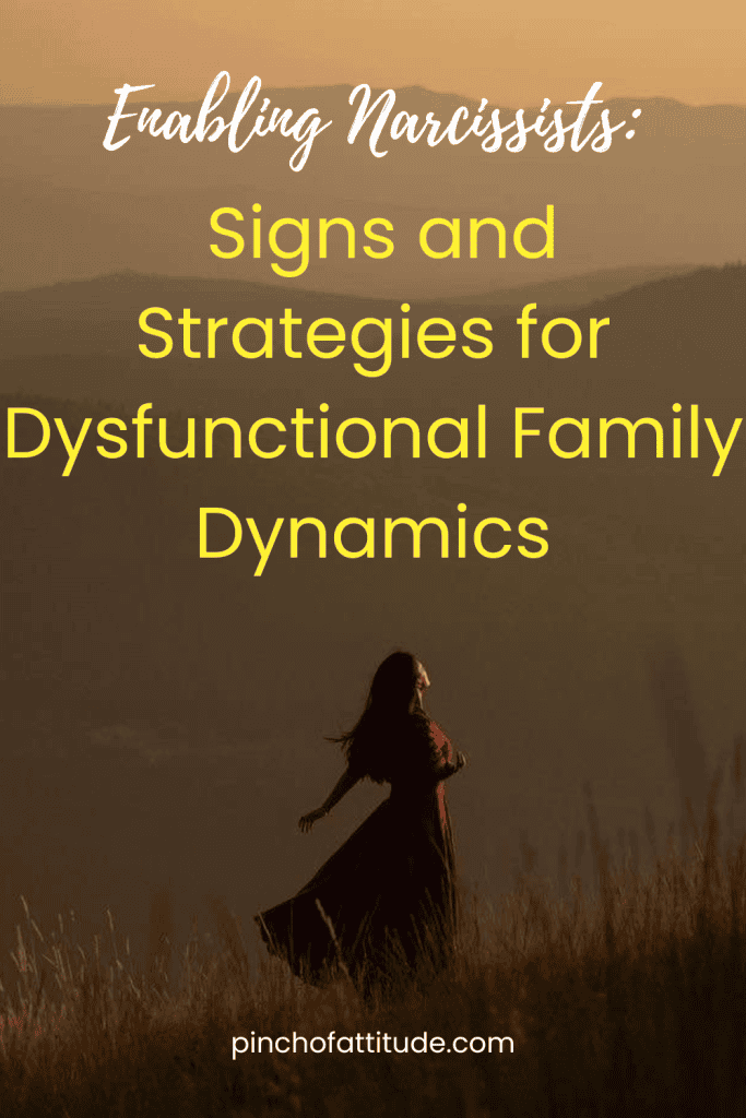 Pinterest - Pin with title "Enabling Narcissists: Signs and Strategies for Dysfunctional Family Dynamics" showing a silhouette of a woman in a long dress standing in a field at sunset.