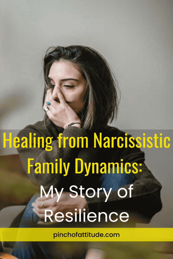 Pinterest - Pin with title "Healing from Narcissistic Family Dynamics: My Story of Resilience" showing a woman sitting down, looking thoughtful with her hand near her face, wearing a dark sweater.