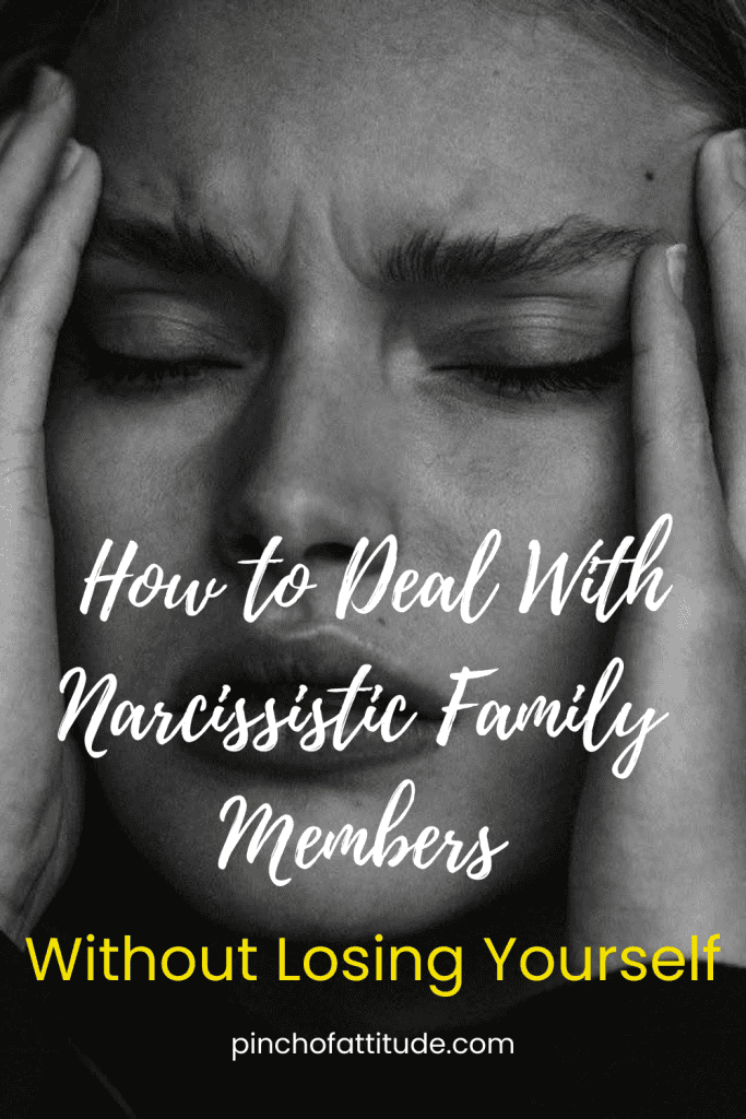 Pinterest - Pin with title "How to Deal With Narcissistic Family Members Without Losing Yourself" showing a close-up black-and-white image of a woman holding her head with a distressed expression.