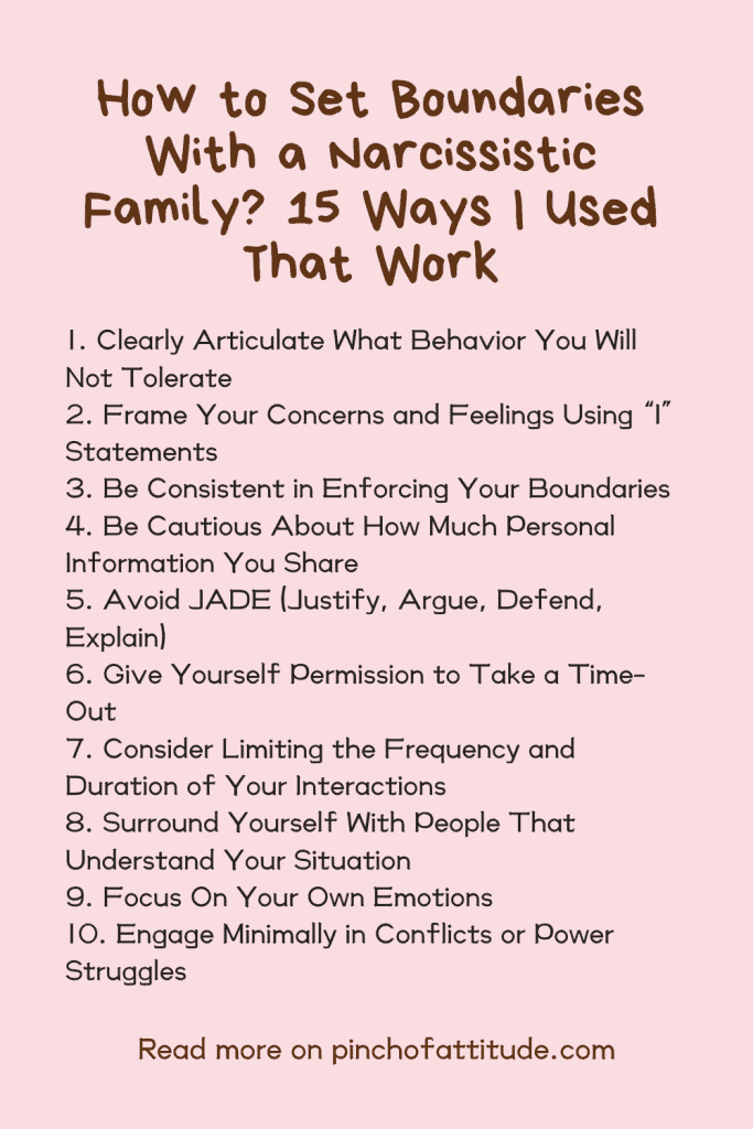 Pinterest - Pin with title "How to Set Boundaries With a Narcissistic Family? 15 Ways I Used That Work" showing a list of boundary-setting strategies written on a pink background.